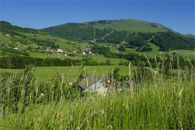 vue village Habère-Poche avec Crêtes d' Hirmentaz en arrière plan - OTADL-G.Place