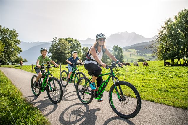 famille en VTT avec vaches et Mont-Blanc en arrière plan - Soren Rickards