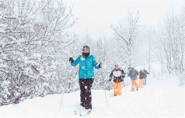 Cinq skieurs de fond sous une neige qui tombe à gros flocons. - Office de Tourisme Le Corbier