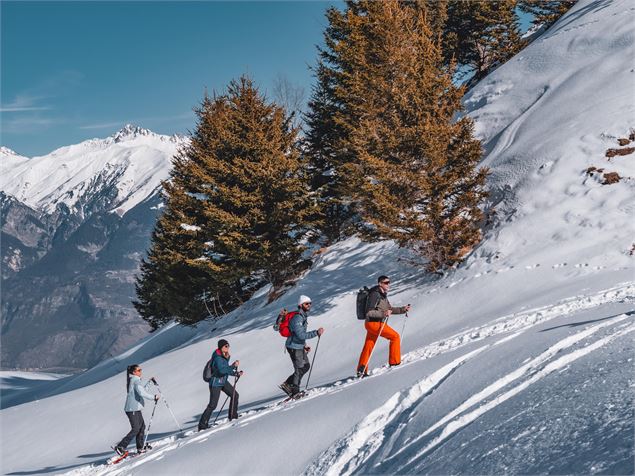 Groupe de 4 amis randonneurs qui marchent en direction du col d'Arves avec des raquettes dans la nei