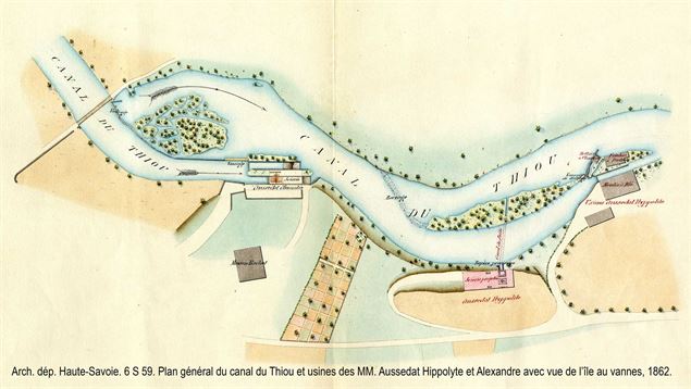 Plan général du canal du Thiou et usines des MM. Aussedat Hippolyte et Alexandre avec vue de l’île a