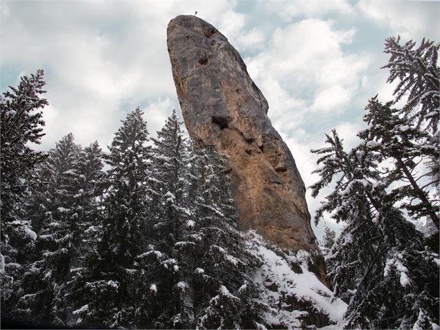 Monolithe au mileu de la forêt enneigée - OTHMV - D. Cuvelier