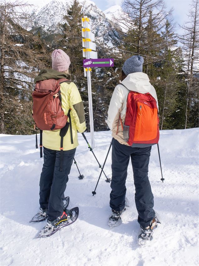 Raquettistes face à un panneau directionnel - OTHMV - D Cuvelier