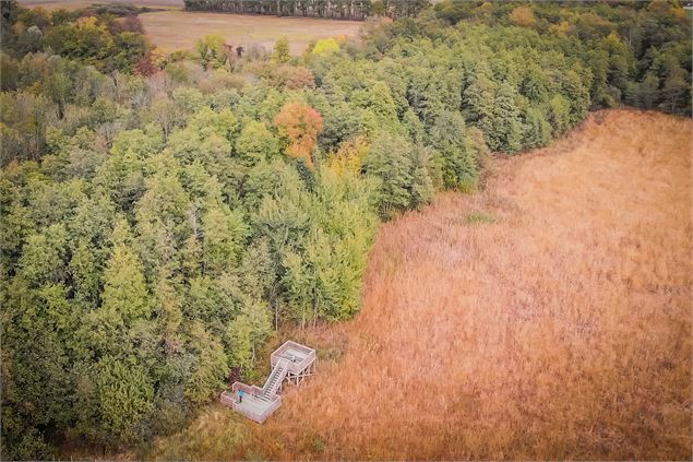 Marais des BIdonnes et son observatoire vu du ciel - Département de l'Ain, Sébastien Tournier