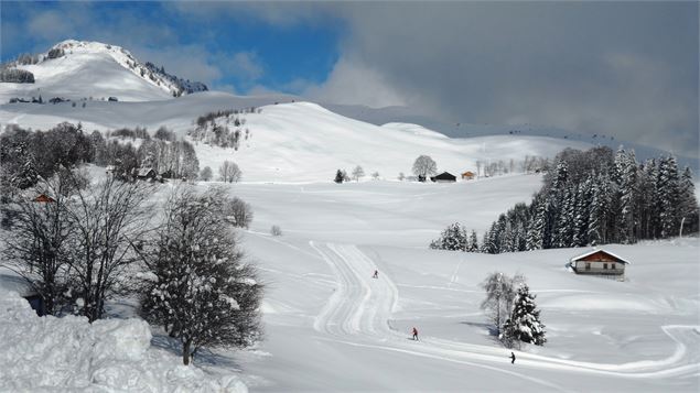 Pratique du ski de fond sur le Plateau de Plaine Joux, les Brasses, avec la Pointe de Miribel au fon