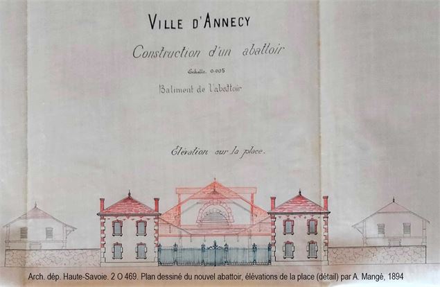 Plan dessiné du nouvel abattoir, élévations de la place (détail) par A. Mangé, 1894 - Archives munic
