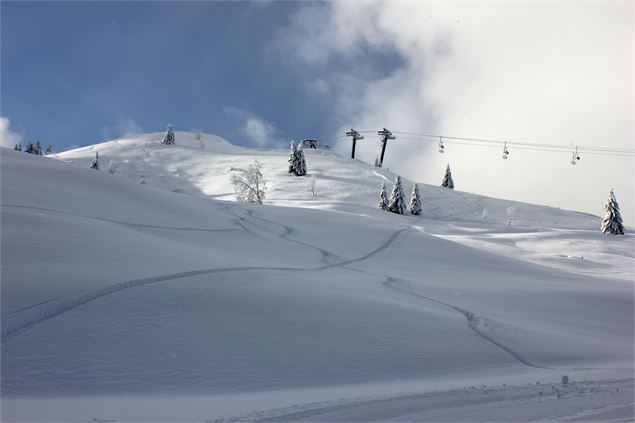 Une trace de skieur au milieu de la neige fraiche au Massif des Brasses, sous le télésiège 3 places