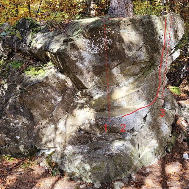 Bloc Loup (Piste du bas) 1/ La louve 6a+ (DA) 2/ Croc blanc 6a (DA)
