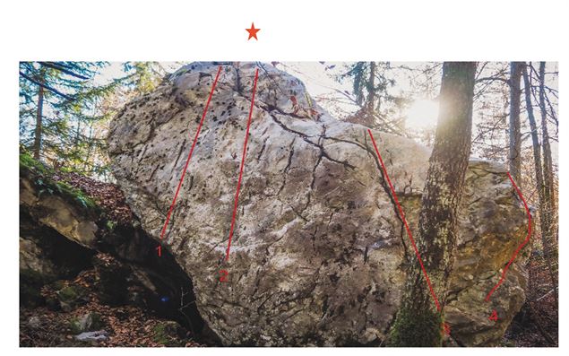 Bloc de la Tranche (Face Nord) 1/ Spell et haut 6a 2/ le cannelé 4c 3/ Rampette 3b 4/ Hop top 5b+ T