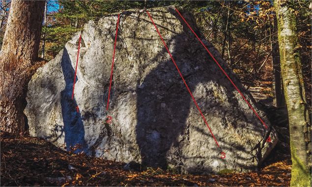 Bloc boulette 1/ L’épicéa 4c 2/ Faille que vaille 5c 3/ Lève toi et grimpe 6c 4/ Scramble aux pomme