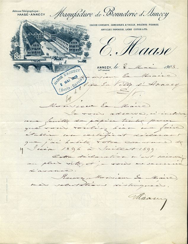 Lettre de 1903 avec vue Bonneterie Haase - Archives municipales 5 Fi 5007. Fonds Grandchamp