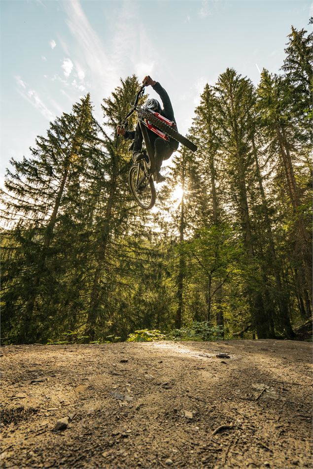 Vététiste faisant une figure sur la piste Ric et Rac du Bike Park de Châtel - L.Meyer - Châtel