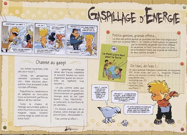 Sentier de l'Éterlou - Panneau en gros plan sur le gaspillage de l'énergie - Châtel Tourisme