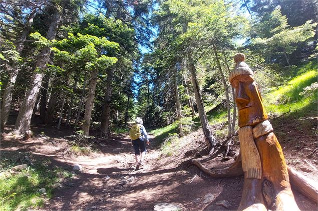 Sculpture en bois dans un tronc sur un chemin dans la foret - HMVT ACF