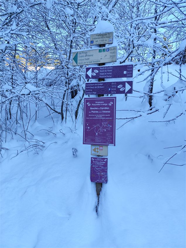 Panneaux raquettes au départ du parking de Lezaive d'en Haut/Cornillon - © Cordon Tourisme