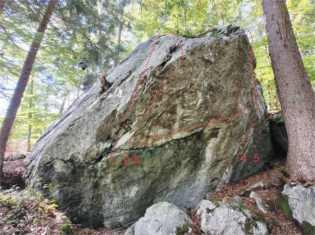 Bloc du haut (face Est)  1/ Ca penche 5c (#5 du bloc du haut face sud) 2/ L’écaille 6a+ 3/ L’été ind
