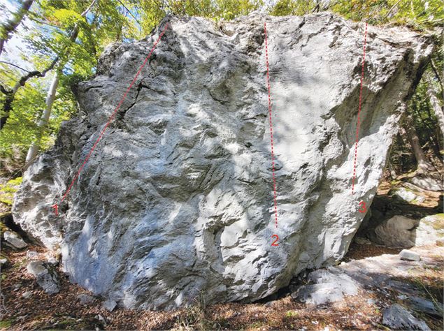 Bloc du bas (face Sud)  1/ La marmaille 6a+ 2/ La marmotte 6c+ 3/ La fureur 7b (?) Spits et relais