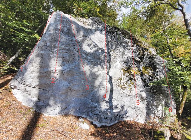 Bloc du bas (face Sud-Ouest)  1/ Pour une première fois 4b (à gauche du pilier) 2/ Vazy 6a 3/ Zeubi 