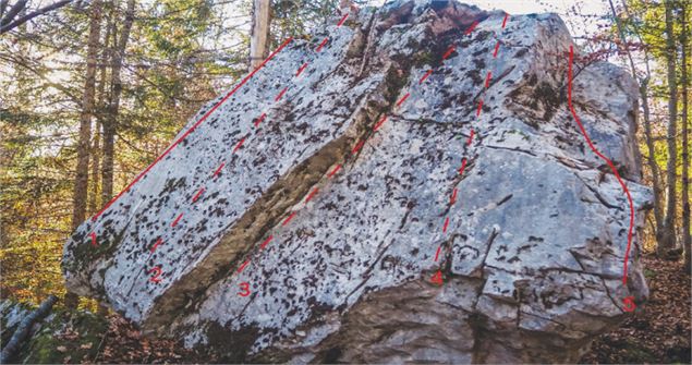 Bloc du bas (face Est)  1/ Voie normale (descente) 3a 2/ Daï dalle 4a 3/ Tatouille 4c 4/ La voie Tho