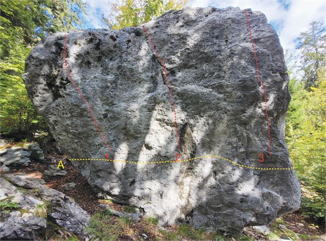 Bloc de Sancellemoz (face Ouest)  A/ Traversée du bloc 8a 1/ Pinky pain 6a+ 2/ Une ombre venue du Ci