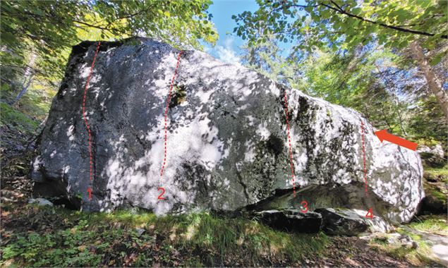 Bloc Cerf Passerelle  FLÈCHE : Accès aux relais (2 spits pour s’assurer) 1/ ? 2/ ? 3/ ? 4/ ?