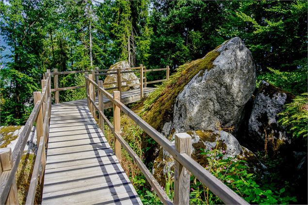 passerelle en bois et bloc de granit - OT Combloux PaulBesson