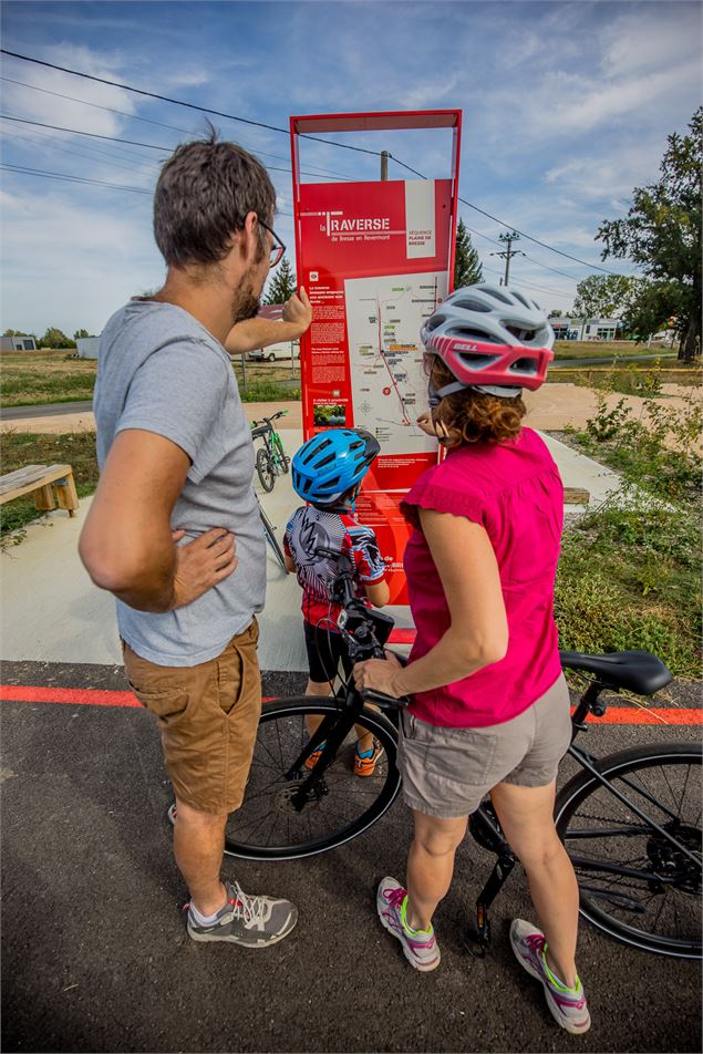 Une famille à vélo qui consulte le panneau d'information - La Belle Rencontre